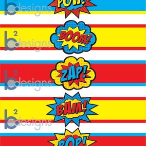 Superhelden Wasserflaschenetiketten • Pow! Boom! Zap! Pop! Bam! • PC Farbe • SOFORTIGER DOWNLOAD