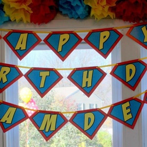 Superhero Symbol Happy Birthday Banner CUSTOM with Name PRINTED image 1