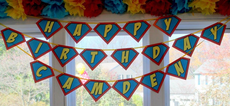 Superhero Symbol Happy Birthday Banner CUSTOM with Name PRINTED image 1