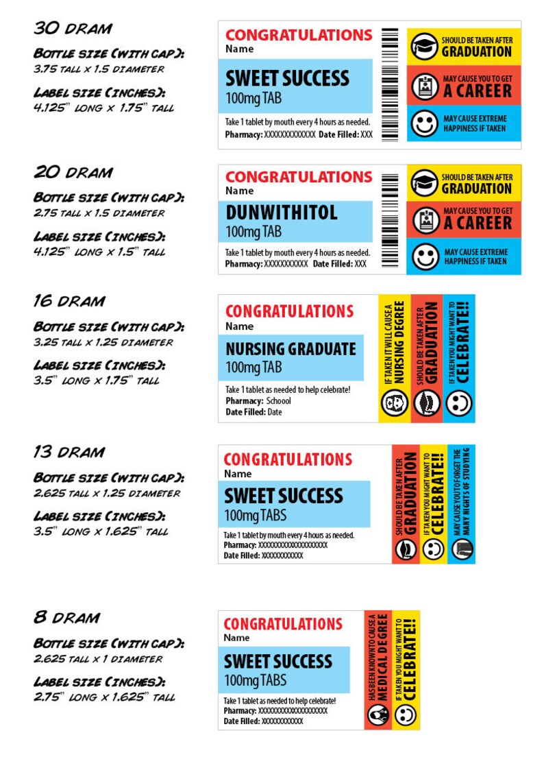 Pharmacy Bottle Labels Graduation Party Prescription Etsy