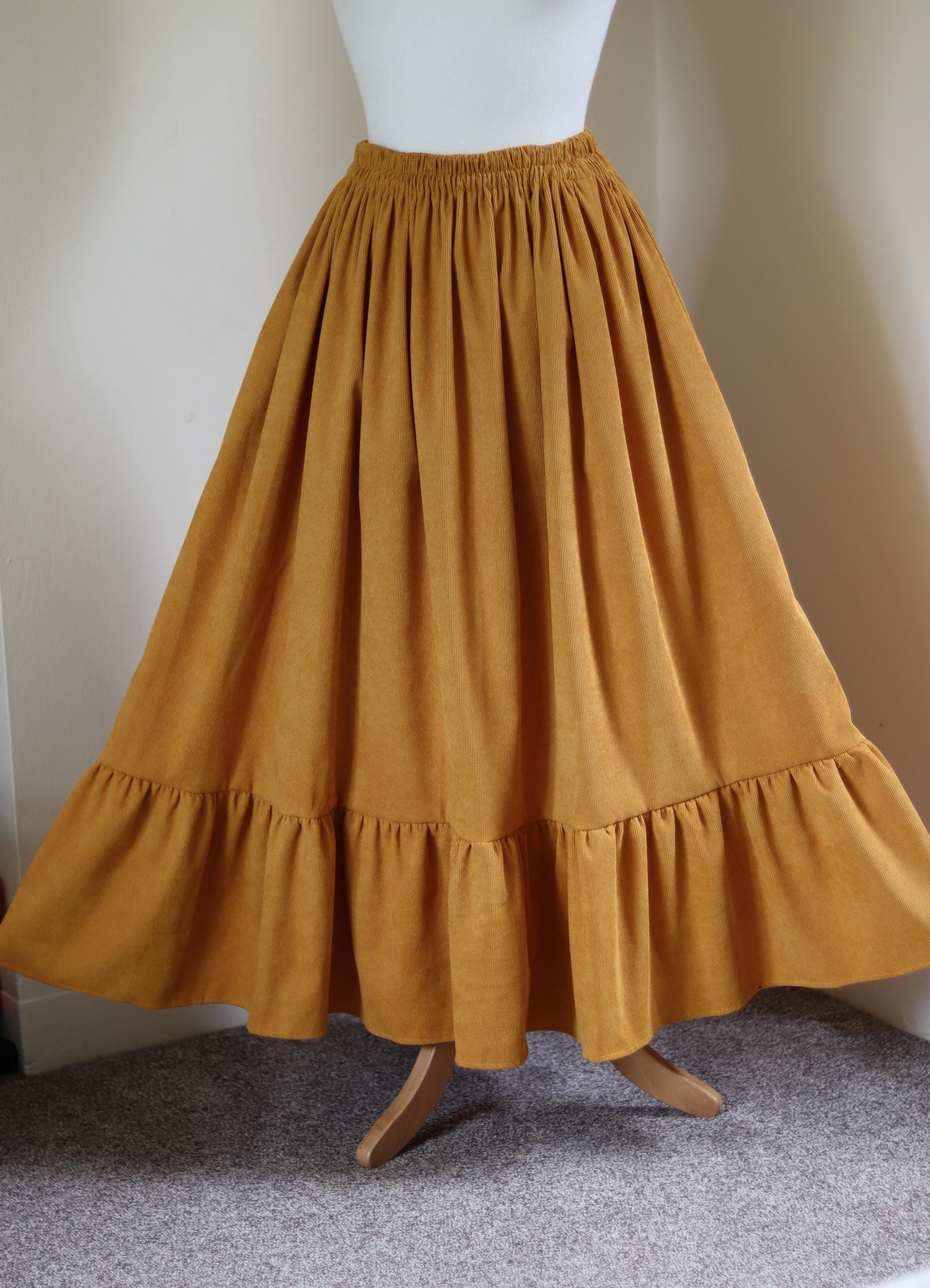 Maxi Mustard Gold Corduroy Skirt with Side Pockets
