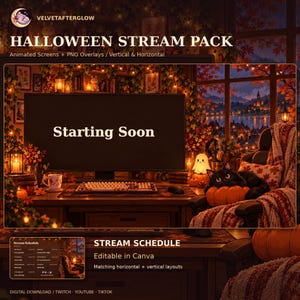 May include: A Halloween stream pack featuring animated screens and PNG overlays. The main display shows a computer monitor with the text Starting Soon, a keyboard, a mouse, a ghost lamp, and a black cat resting on a pumpkin.