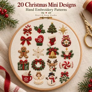 May include: A wooden embroidery hoop containing 20 Christmas mini hand embroidery patterns on white fabric. Designs include a candy cane, holly, tree, star, bow, mitten, stocking, ornament, gingerbread man, snowflake, bell, candle, gift, wreath, reindeer, peppermint, cocoa, angel, snowman, and mistletoe.