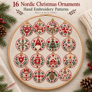 May include: A wooden embroidery hoop containing a cream-colored fabric with 16 circular hand embroidery patterns of Nordic Christmas ornaments, including a heart, reindeer, gnome, tree, bird, mitten, house, candle, bell, and angel.