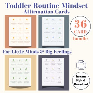 May include: A 36-card bundle of Toddler Routine Mindset Affirmation Cards for Little Minds & Big Feelings. The set features four sheets of printable cards with icons like suns, rainbows, stars, and flowers, plus an Instant Digital Download icon.
