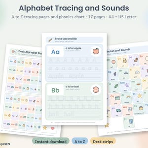 May include: Alphabet Tracing and Sounds educational printable set featuring A to Z tracing pages and a phonics chart. The pages include letter practice, illustrations, and desk strips in a soft colour palette with clear text and graphics.