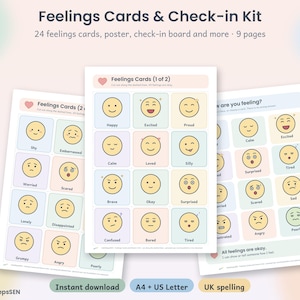 Op de afbeelding: Een Feelings Cards & Check-in Kit met 24 gevoelenskaarten, een poster en een check-in bord op 9 pagina's. De printbare vellen tonen kleurrijke rasters met gele emoji-gezichten en labels zoals Happy, Excited en Proud.