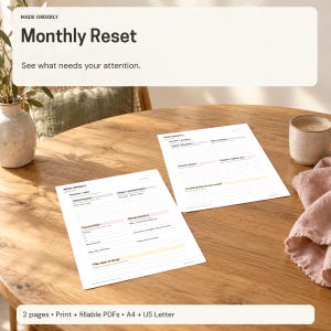 May include: Two white paper planning sheets titled Made Orderly Monthly Reset. The pages feature black text, lined sections for tasks, and colored headers for categories like Review + Plan, Dates + Commitments, and Handle + Prepare.