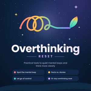May include: A dark blue graphic poster titled Overthinking RESET with a gradient line forming a loop and a leaf icon. It lists practical tools: Spot the mental loop, Facts vs. stories, Let go of control, and 30-day overthinking reset. IdeasMint branding.