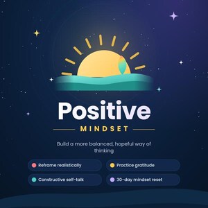 Puede incluir: Un póster gráfico azul oscuro titulado Positive MINDSET que muestra un sol amarillo saliendo sobre olas de color verde azulado. El texto incluye: Build a more balanced, hopeful way of thinking, Reframe realistically, Practice gratitude, Constructive self-talk, 30-day mindset reset.