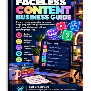 May include: A dark blue book cover titled Faceless Content Business Guide by IdeasMint. The cover features a laptop displaying content ideas, a stack of colourful books, a mug, and a smartphone on a tripod. Text includes strategies for growth.