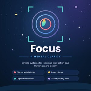 Op de afbeelding: Een donkerblauwe digitale afbeelding getiteld Focus & Mental Clarity met een centraal doelpictogram met een verloopblad. De tekst bevat Mind Spa, IdeasMint en opsommingstekens voor Clear mental clutter, Focus blocks, Digital boundaries, 30-day clarity reset.
