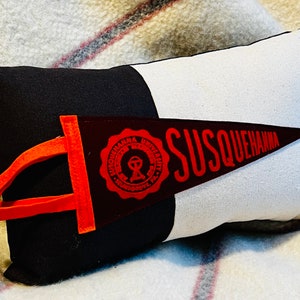 May include: A black and white pillow with a red felt pennant attached. The pennant says "SUSQUEHANNA" and has a red seal with the words "SUSQUEHANNA UNIVERSITY" around the edge.