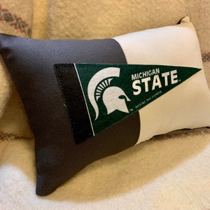 Puede incluir: Una almohada de color blanco y negro con un banderín de fieltro verde que presenta el logotipo del Spartan del estado de Michigan y el texto "MICHIGAN STATE" con el símbolo de marca registrada y "RICO INC. TAG EXPRESS" debajo.