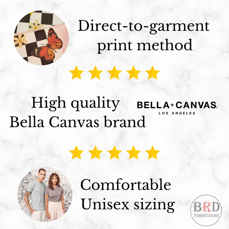 May include: A close-up of a t-shirt with a butterfly design. The t-shirt is printed using a direct-to-garment method. The text "High quality Bella Canvas brand" and "Comfortable Unisex sizing" is visible. The t-shirt is made by Bella + Canvas, a Los Angeles-based brand.
