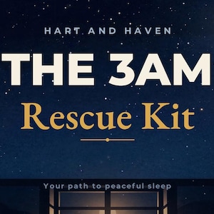 May include: A dark blue night sky background with a full moon and stars. The text reads HART AND HAVEN, THE 3AM Rescue Kit, and Your path to peaceful sleep. Below the text is a dark silhouette of a window frame with a light glowing from within.