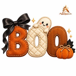 Boo Halloween PNG, toppa ricamata finta, zucca fantasma civettuola: file trasparente ad alta risoluzione