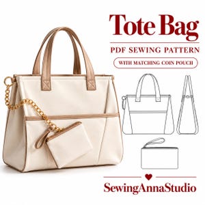 Op de afbeelding: Een crèmekleurige tote bag met lichtbruine randen, twee handvatten en een bijpassend muntentasje bevestigd aan een gouden ketting. Tekst: Tote Bag, PDF SEWING PATTERN, WITH MATCHING COIN POUCH, SewingAnnaStudio. Inclusief lijntekeningen van de tas.