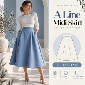 Könnte beinhalten: Ein hellblauer A-Linien-Midirock mit hohem Bund und Seitentaschen. Das Bild enthält den Text: SEWINGANNASTUDIO A Line Midi Skirt PDF SEWING PATTERN XS - 5XL SIZES PDF PATTERN US LETTER A4 STEP-BY-STEP INSTRUCTIONS.
