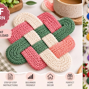 May include: A crochet pattern for a square coaster featuring an interwoven design made of cream, pink, and green yarn. The image includes text reading PDF PATTERN and INSTANT DOWNLOAD, along with icons for easy to follow instructions.