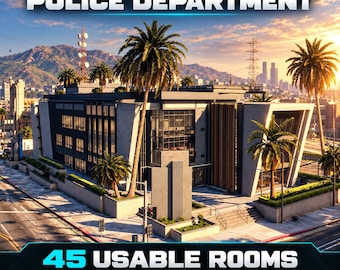 May include: A digital interior map of a police department building featuring the text CHROMETRAP POLICE DEPARTMENT and 45 USABLE ROOMS 26 MAIN BUILDING 19 BASEMENT. The image shows a modern gray multi-story structure with palm trees.