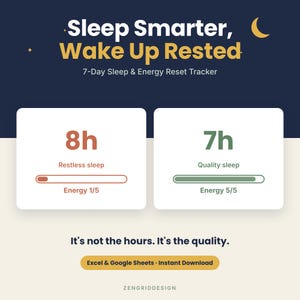 May include: A 7-day sleep and energy reset tracker digital template with the text Sleep Smarter, Wake Up Rested. It features two white boxes comparing 8h of restless sleep with 1/5 energy and 7h of quality sleep with 5/5 energy levels.