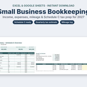 Op de afbeelding: Een digitaal spreadsheet-sjabloon voor de boekhouding van kleine bedrijven voor 2027. De interface toont een belastingoverzicht Schedule C Overview met kolommen voor bruto-inkomen, uitgaven, nettowinst en een tabel voor kwartaalbelastingschattingen.