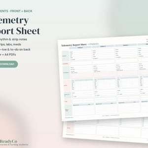 May include: A Telemetry Report Sheet for 4 patients featuring columns for patient details, vitals, drips, labs, and meds. The document includes a grid for rhythm and strip notes, with a second page for head-to-toe and to-do lists.