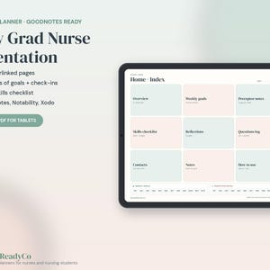 以下が含まれることがあります： New Grad Nurse Orientationというタイトルのタブレット用デジタルプランナー。51ページのハイパーリンク付きページ、12週間の目標、スキルチェックリストが含まれています。画面には概要、目標、メモ、連絡先などのセクションがあるホームインデックスが表示されています。