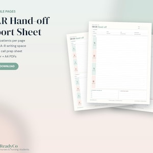 May include: A set of four printable SBAR Hand-off Report Sheets for medical documentation. The pages feature structured sections for Situation, Background, Assessment, and Recommendation, with lined writing spaces and checkboxes.