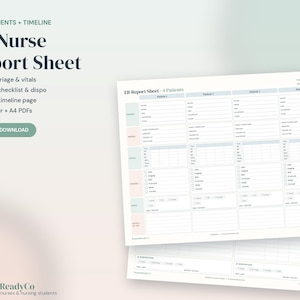 May include: A digital ER Nurse Report Sheet template featuring sections for 4 patients, including fields for arrival, triage, vitals, orders, and patient timelines. The document includes text headers like ER Nurse Report Sheet and 4 Patients.