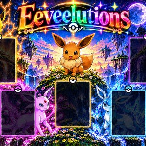 May include: A rectangular playmat featuring the text Eeveelutions at the top, centered around an Eevee illustration. The design includes nine rectangular card slots surrounded by various Eevee evolutions like Vaporeon, Jolteon, Flareon, Espeon, Umbreon, Glaceon, and Sylveon in a vibrant, colorful fantasy landscape.