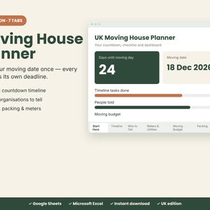 Op de afbeelding: Een digitale verhuisplanner voor het VK met een aftelling van 47 taken, 53 organisaties om in te lichten en secties voor budget, inpakken en meters. De interface toont 24 dagen tot de verhuisdatum op 18 dec 2026 en diverse voortgangsbalken.