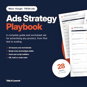 May include: An Ads Strategy Playbook guide and worksheet set with 28 pages in A4 and US Letter formats. The cover features white and orange text on a dark blue background, including Meta, Google, and TikTok ads, plus internal page examples.