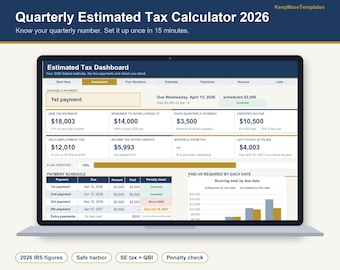 May include: A digital Quarterly Estimated Tax Calculator 2026 dashboard displayed on a laptop screen. The interface shows tax estimates, payment schedules, and financial data including 2026 IRS figures, safe harbor, SE tax, QBI, and penalty check.