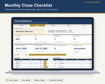 May include: A digital Monthly Close Checklist dashboard displayed on a laptop screen. The interface features a Close Dashboard with progress metrics, status tracking for September 2026, and tables detailing steps by area and status mix.