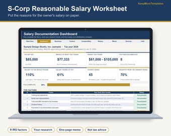 May include: A digital S-Corp Reasonable Salary Worksheet displayed on a laptop screen. The dashboard shows salary documentation, including a salary set of $85,000, a range of $61,000 to $105,000, and a table of nine IRS factors with documented status.