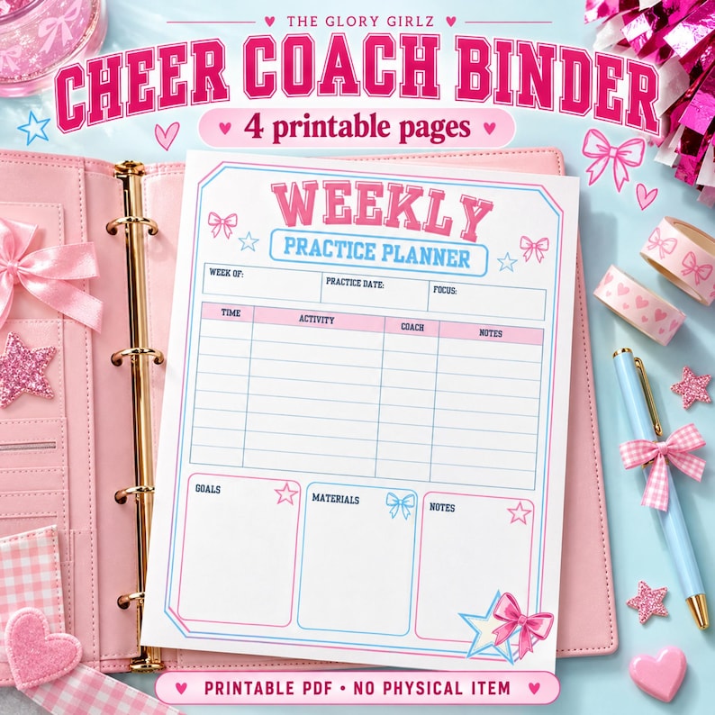 Cheer Coach Binder Printable PDF, 4-page Season and Practice Organizer ...