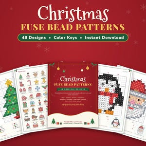 May include: A collection of printable Christmas fuse bead patterns featuring 48 original designs. The documents include color keys and grid layouts for figures like a Christmas tree, a penguin, and Santa Claus on a red background.