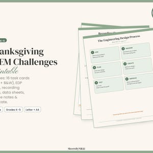 Puede incluir: Un conjunto de hojas imprimibles de desafíos STEM de Acción de Gracias para grados K-5. El documento muestra el proceso de diseño de ingeniería con seis pasos: Ask, Imagine, Plan, Create, Test e Improve. Incluye 19 páginas y tarjetas de tareas.