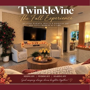 Può includere: Un interno di soggiorno con due poltrone bianche, un tavolino rotondo in legno con fiori gialli e una candela, una televisione su una parete di mattoni bianchi e il testo TwinkleVine The Fall Experience e Seeing Joy.