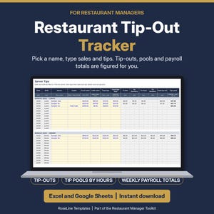 Puede incluir: Una plantilla digital de seguimiento de propinas para restaurantes en Excel y Google Sheets mostrada en una pantalla de portátil. La interfaz incluye columnas para nombres de camareros, ventas, propinas y cálculos automáticos de totales.