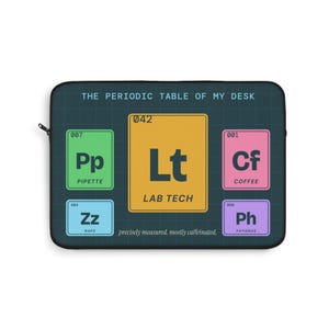 May include: A dark teal laptop sleeve featuring a grid pattern and the text THE PERIODIC TABLE OF MY DESK. It displays five colorful rectangular elements labeled Pp PIPETTE, Lt LAB TECH, Cf COFFEE, Zz NAPS, and Ph PATIENCE, with the text precisely measured, mostly caffeinated.