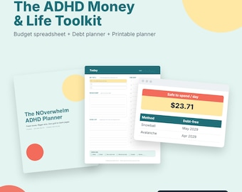 May include: The ADHD Money & Life Toolkit bundle includes a budget spreadsheet, debt planner, and printable planner. The display shows The NOverwhelm ADHD Planner cover, a daily task page, and a financial dashboard with a safe to spend amount.