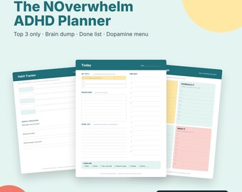 May include: A nine-page printable PDF ADHD planner featuring a habit tracker, a daily schedule with a time map, a brain dump section, a done list, and a dopamine menu. The pages are white with dark teal headers and pastel yellow, pink, and green accents.