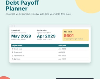 May include: A digital debt payoff planner for Excel and Google Sheets featuring a comparison of Snowball and Avalanche methods. The interface displays debt-free dates, interest paid, and a payoff order list for credit cards, store cards, and loans.