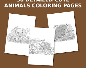 May include: A collection of 50 detailed cute animals coloring pages featuring black and white line art illustrations of an elephant, a crab, and a porcupine. The text reads 50 DETAILED CUTE ANIMALS COLORING PAGES and Intricate Designs for Adults & Older Kids - Instant Download PDF.
