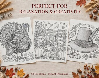 May include: Three black and white coloring pages featuring autumn themes. The left page shows a turkey, the center page depicts a pumpkin patch with a fence, and the right page displays a pilgrim hat with a feather. Text reads PERFECT FOR RELAXATION & CREATIVITY.