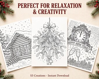 May include: Three rectangular coloring pages featuring black and white line art. The left page shows a snowy log cabin, the center page depicts mistletoe with a couple, and the right page displays a clock, champagne glasses, and city skyline.
