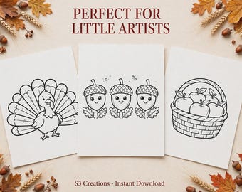 May include: Three white coloring pages featuring black line art of a turkey, three smiling acorns, and a basket of apples. The text reads PERFECT FOR LITTLE ARTISTS and S3 Creations - Instant Download. The pages are surrounded by autumn leaves.